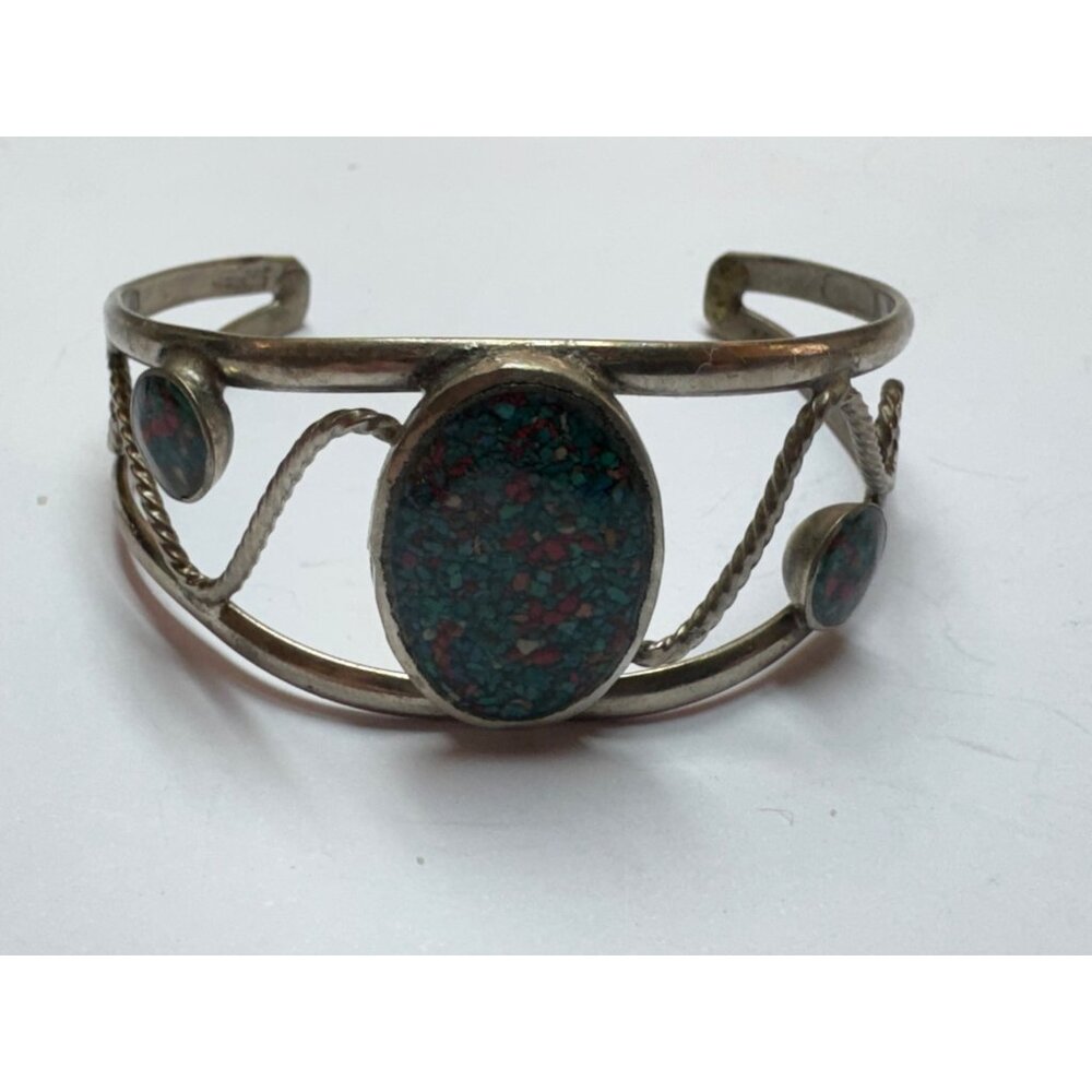 Size 6 Unbranded 925 Sterling Silver Cuff Bracelet w/ 3 Mosaic Gemstone